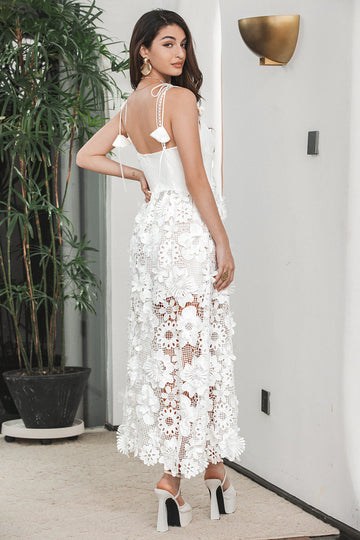 White Boho Flower Sheath Spaghetti Straps Long Party Dress with Lace